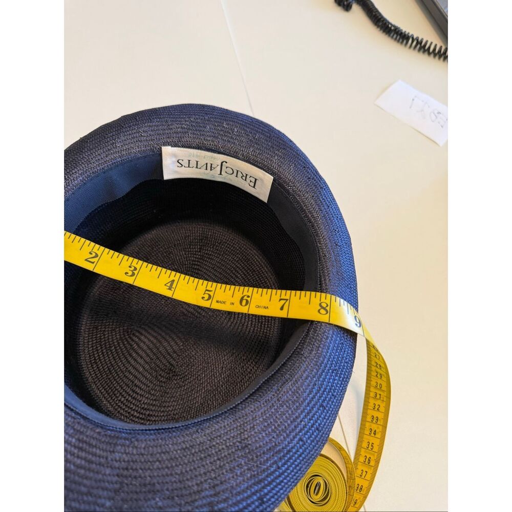 Vintage Eric Javits Boater Hat Navy Straw Grosgrain Ribbon Three Buttons Regal - Picture 8 of 9